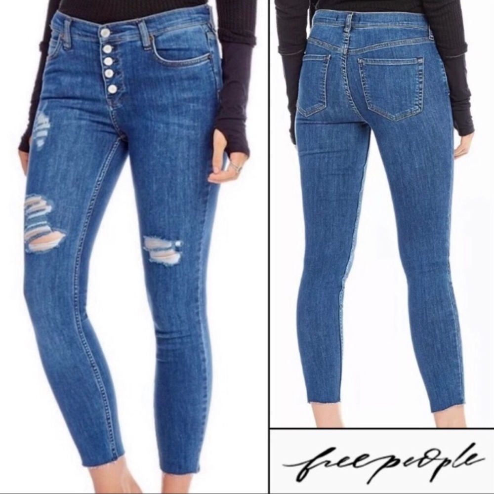 Free People Destroyed Reagan Button Fly Skinny Jeans Raw Hem Size 31